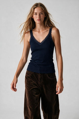 61 Jane Ribbed Lace Trim V Neck Tank Top