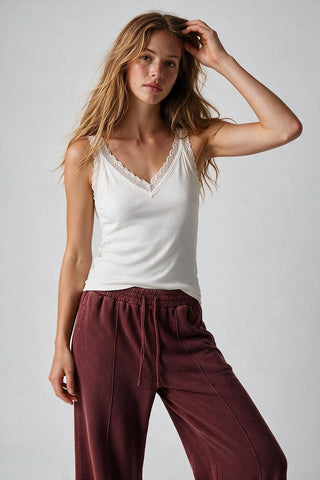 61 Jane Ribbed Lace Trim V Neck Tank Top