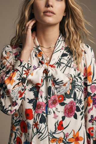 61 Jane Floral Print Satiny Tie Neck Blouse