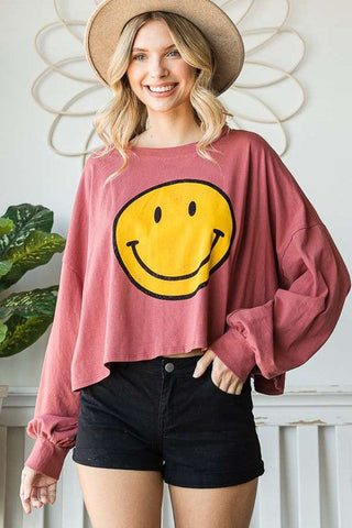 SMILEY FACE LONG SLEEVE CROP TOP *Online Only* - Premium  at Lonnys NY - Just $62! Shop Womens clothing now 