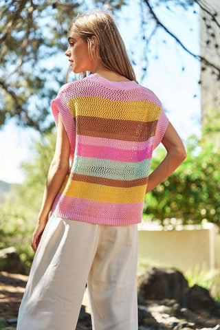 Crochet Multi Striped Pullover Knit Sweater Vest *Online Only* - Premium Shirts & Tops at Lonnys NY - Just $59.20! Shop Womens clothing now 