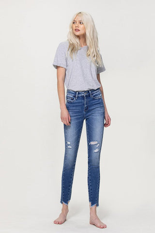 Flying Monkey HIGH RISE ANKLE SKINNY W UNEVEN HEM DETAIL *Online Only* - Premium  at Lonnys NY - Just $75.55! Shop Womens clothing now 