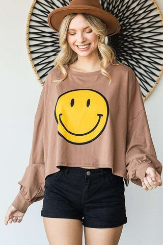 SMILEY FACE LONG SLEEVE CROP TOP *Online Only* - Premium  at Lonnys NY - Just $62! Shop Womens clothing now 