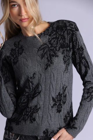 Minnie Rose Printed Lace Cashmere Sweatr