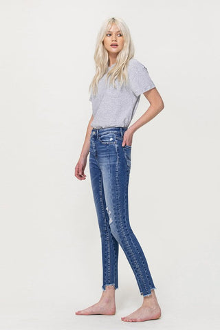 Flying Monkey HIGH RISE ANKLE SKINNY W UNEVEN HEM DETAIL *Online Only* - Premium  at Lonnys NY - Just $75.55! Shop Womens clothing now 