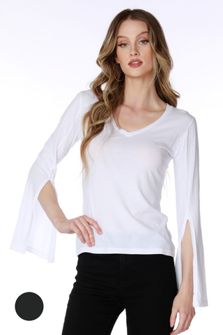 Bobi V Neck Wide Split Long Sleeve Tee - Premium Shirts & Tops at Lonnys NY - Just $60! Shop Womens clothing now 