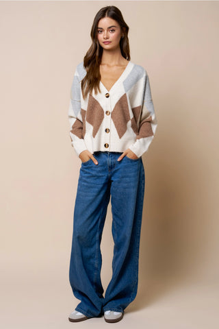 Born in March Argyle V-Neck Cardigan Sweater