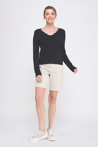 From Here to Eternity Pointelle Scalloped V Neck Sweater