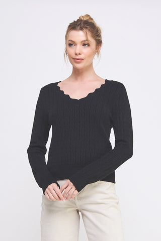 From Here to Eternity Pointelle Scalloped V Neck Sweater