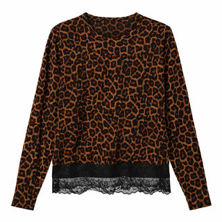 J Society Leopard Print Lace Trim Crew Neck Sweater