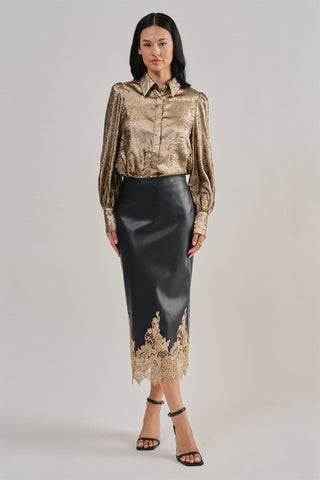 Madison Faux Leather Crochet Lace Hem Midi Skirt