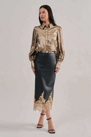 Madison Faux Leather Crochet Lace Hem Midi Skirt