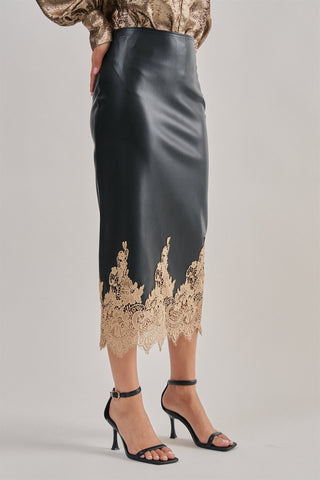 Madison Faux Leather Crochet Lace Hem Midi Skirt