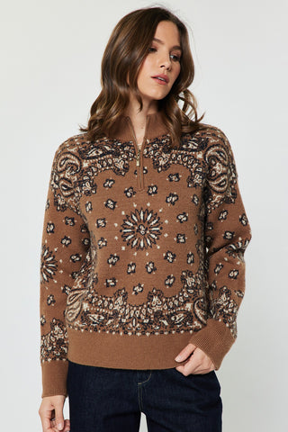 Madison Bandna Print Half Zip Sweater