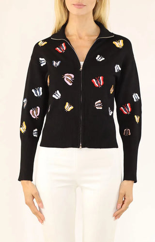 Metric Butterfly Embellished Zip Front Cardigan