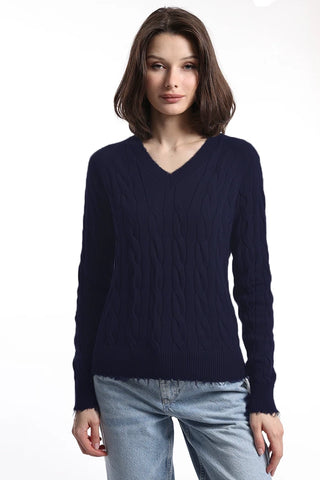 Minnie Rose Cable Long Sleeve V-Neck with Frayed Edges - Premium clothing at Lonnys NY - Just $163! Shop Womens clothing now 