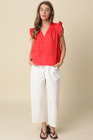 Olivaceous Heidi Linen Ruffle Blouse