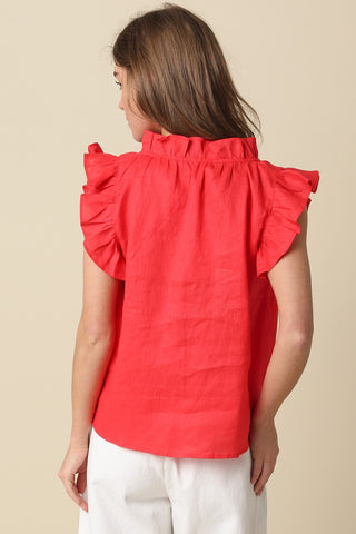 Olivaceous Heidi Linen Ruffle Blouse