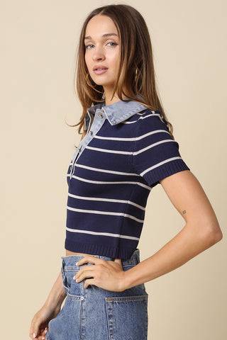 Olivaceous Shyla Striped Contrast Collar Crop Top