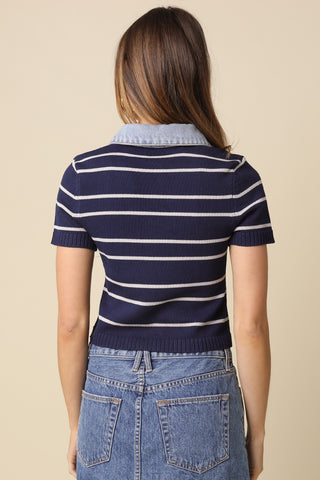 Olivaceous Shyla Striped Contrast Collar Crop Top