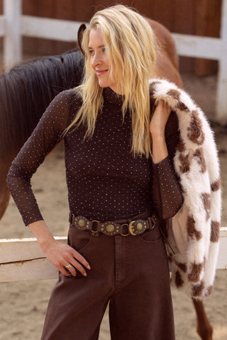 Skies are Blue Embellished Mesh Mockneck Shirt