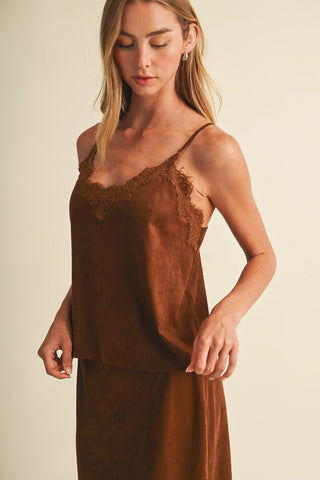 Talk To Angels Lace-Trim V-Neck Suede Camisole