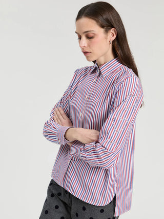 Vilagallo Tricolor Striped Shirt with Rhinestone Hearts