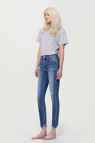 Flying Monkey HIGH RISE ANKLE SKINNY W UNEVEN HEM DETAIL *Online Only* - Premium  at Lonnys NY - Just $75.55! Shop Womens clothing now 