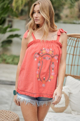 Embroidered Sleeveless Ruffle Tank Top *Online Only* - Premium  at Lonnys NY - Just $62! Shop Womens clothing now 