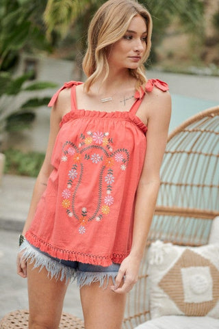 Embroidered Sleeveless Ruffle Tank Top *Online Only* - Premium clothing at Lonnys NY - Just $62! Shop Womens clothing now 