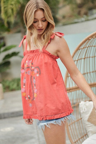 Embroidered Sleeveless Ruffle Tank Top *Online Only* - Premium  at Lonnys NY - Just $62! Shop Womens clothing now 