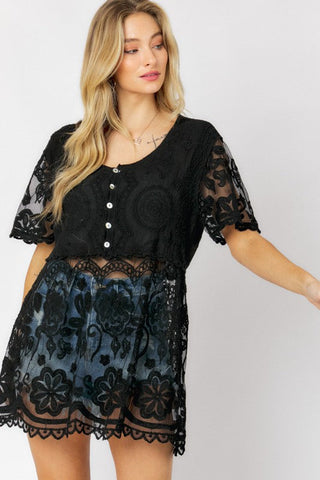 Crochet Round Neck Button Down Top  *Online Only* - Premium cover ups at Lonnys NY - Just $45! Shop Womens clothing now 