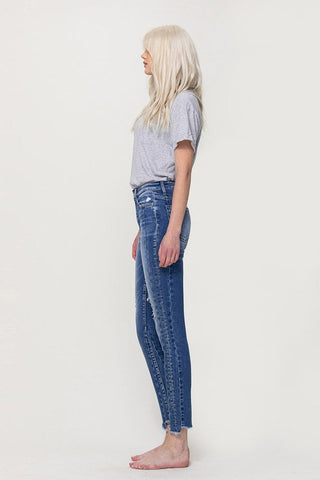 Flying Monkey HIGH RISE ANKLE SKINNY W UNEVEN HEM DETAIL *Online Only* - Premium  at Lonnys NY - Just $75.55! Shop Womens clothing now 