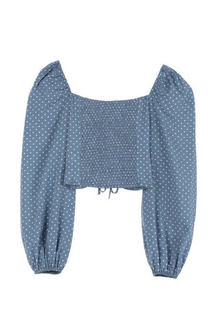 Ruched polka dot crop top with puff sleeves *Onine Only* - Premium  at Lonnys NY - Just $42! Shop Womens clothing now 