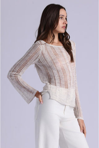 Minnie Rose Sequin Pointelle Bell Sleeve Sweater