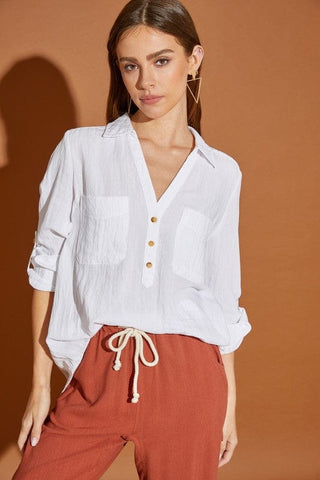 V Neck Button Down Henley Shirt *Online Only* - Premium  at Lonnys NY - Just $58! Shop Womens clothing now 