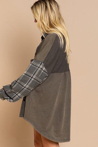 Long Sleeve With Plaid Detail Sleeve Shacket *Onine Only* - Premium  from POL - Just $105! Shop now 