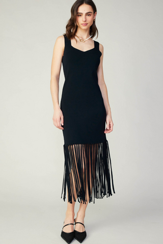 Madison Sweetheart Neck Sweater Midi Dress with Fringe - Premium dresses at Lonnys NY - Just $108! Shop Womens clothing now 