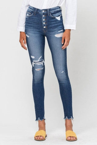 HIGH RISE PATCHED BUTTON UP RAW HEM ANKLE SKINNY *Online Only* - Premium  from VERVET by Flying Monkey - Just $65.30! Shop now 