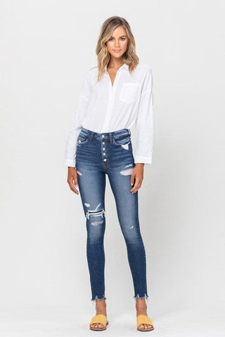 HIGH RISE PATCHED BUTTON UP RAW HEM ANKLE SKINNY *Online Only* - Premium  at Lonnys NY - Just $65.30! Shop Womens clothing now 