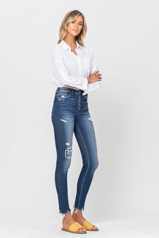 HIGH RISE PATCHED BUTTON UP RAW HEM ANKLE SKINNY *Online Only* - Premium  at Lonnys NY - Just $65.30! Shop Womens clothing now 