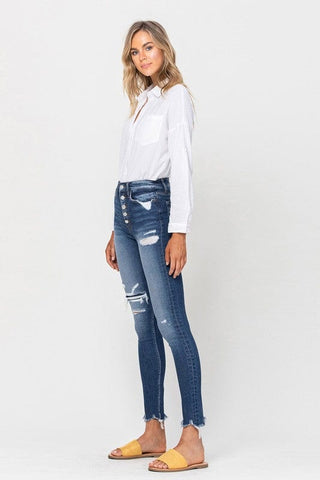 HIGH RISE PATCHED BUTTON UP RAW HEM ANKLE SKINNY *Online Only* - Premium  at Lonnys NY - Just $65.30! Shop Womens clothing now 