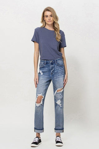 Stretch Mom Jeans w/ Spatter Detail and Cuff *Online Only* - Premium  from VERVET by Flying Monkey - Just $59.80! Shop now 
