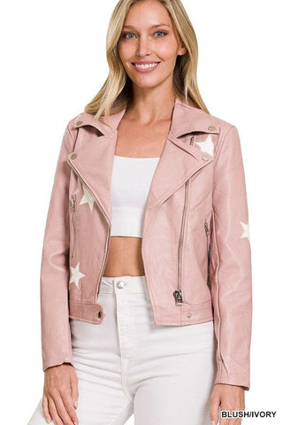 Vegan Leather Star Patch Moto Jacket - Premium  from ZENANA - Just $40! Shop now 