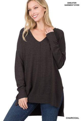 Hi-Low Hem V-Neck Center Seam Sweater *Online Only* - Premium  at Lonnys NY - Just $36! Shop Womens clothing now 