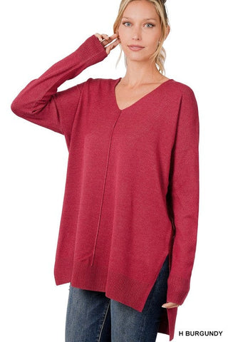 Hi-Low Hem V-Neck Center Seam Sweater *Online Only* - Premium  at Lonnys NY - Just $36! Shop Womens clothing now 