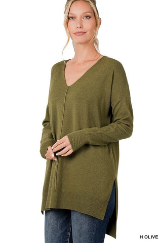 Hi-Low Hem V-Neck Center Seam Sweater *Online Only* - Premium  at Lonnys NY - Just $36! Shop Womens clothing now 